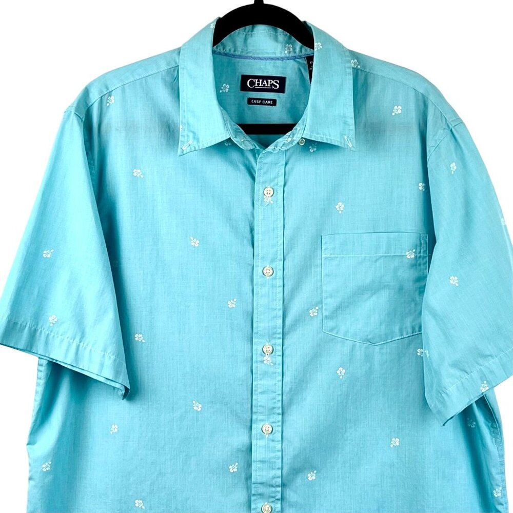 Chaps Easy Care Mens XL Blue Short-Sleeve Button-Up Shirt White Floral Pattern